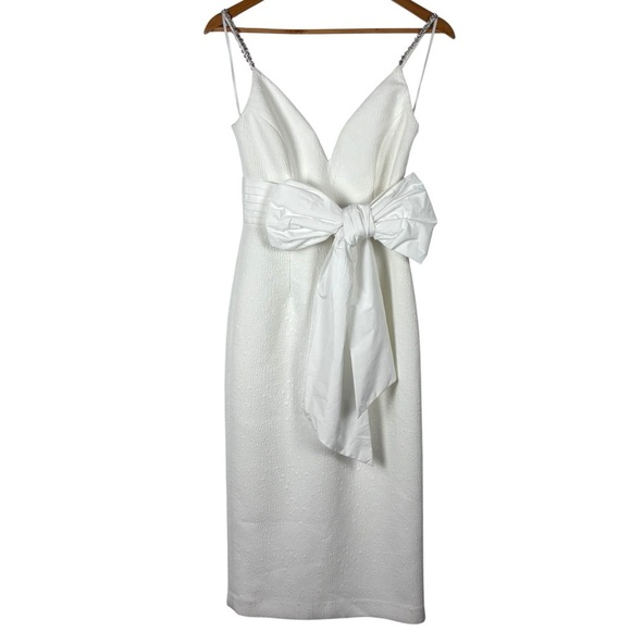 ANTHROPOLOGIE REBECCA VALLANCE GENEVIEVE BRIDAL BOW V-NECK SHEATH MIDI DRESS - Picture 6 of 17